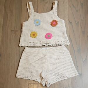 Crochet Tank Top and Shorts Set with Floral Accents